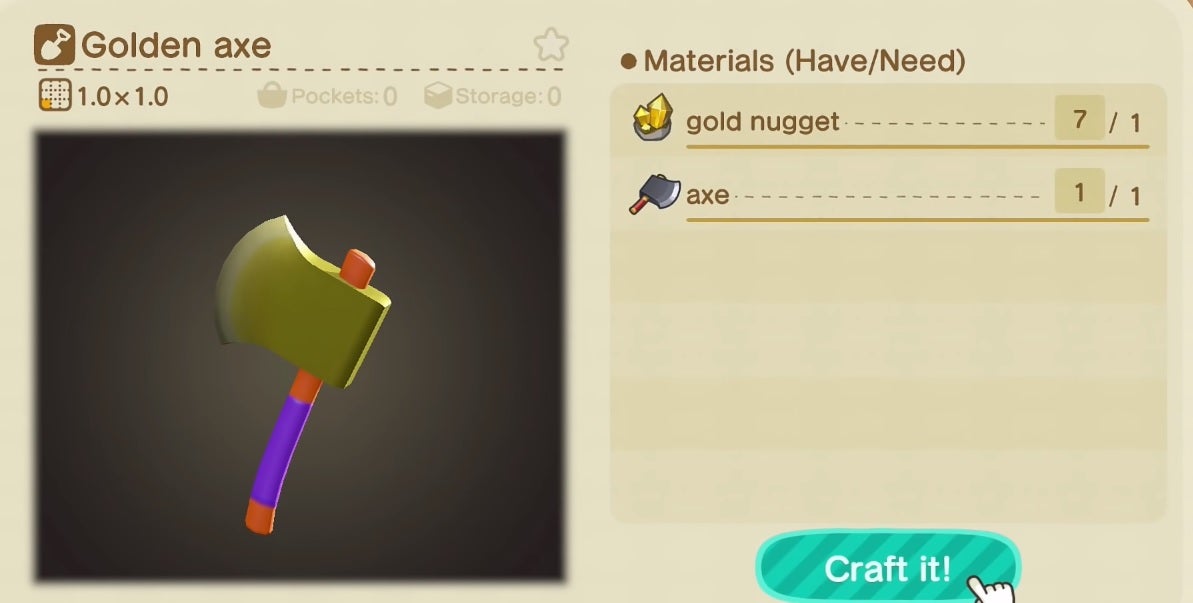 Animal Crossing New Horizons How to get gold nuggets and craft